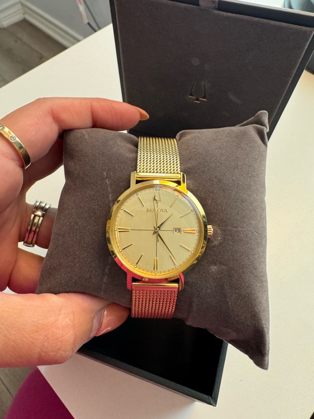 Bulova ladies gold-tone mesh watch with champagne dial